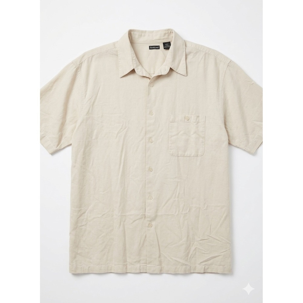 Men's 100% Silk Short Sleeve Button Down Shirt XXLT Big Tall Tan Beige Camp